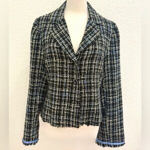 Sweet Lily Black Plaid Boucle Style Cropped Jacket Fringe Trim Bow Cuff Lined